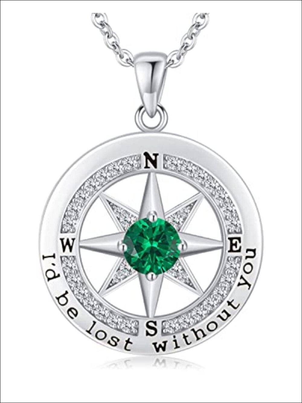 925 Sterling Silver Compass Pendant Necklace Cubic Zirconia Anniversary Gift